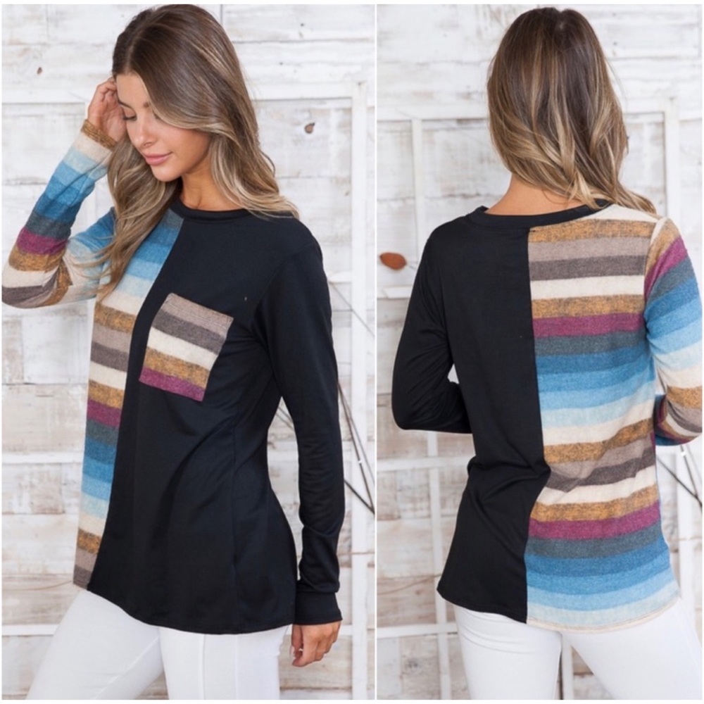 1 LEFT! USA MADE Gorgeous Hacci Brushed Soft Trendy Striped Women’s Pocket Top - Picture 2 of 4